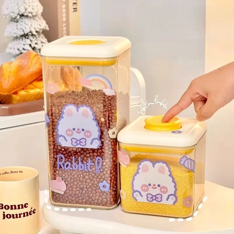Kawaii Food Storage Containers With Lids Cute Plastic Kitchen Grain Storage Organizer Sealed Jars Fridge Organiser Storage Box