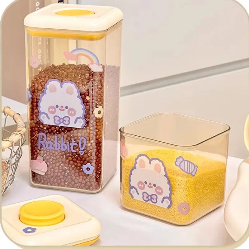 Kawaii Food Storage Containers With Lids Cute Plastic Kitchen Grain Storage Organizer Sealed Jars Fridge Organiser Storage Box