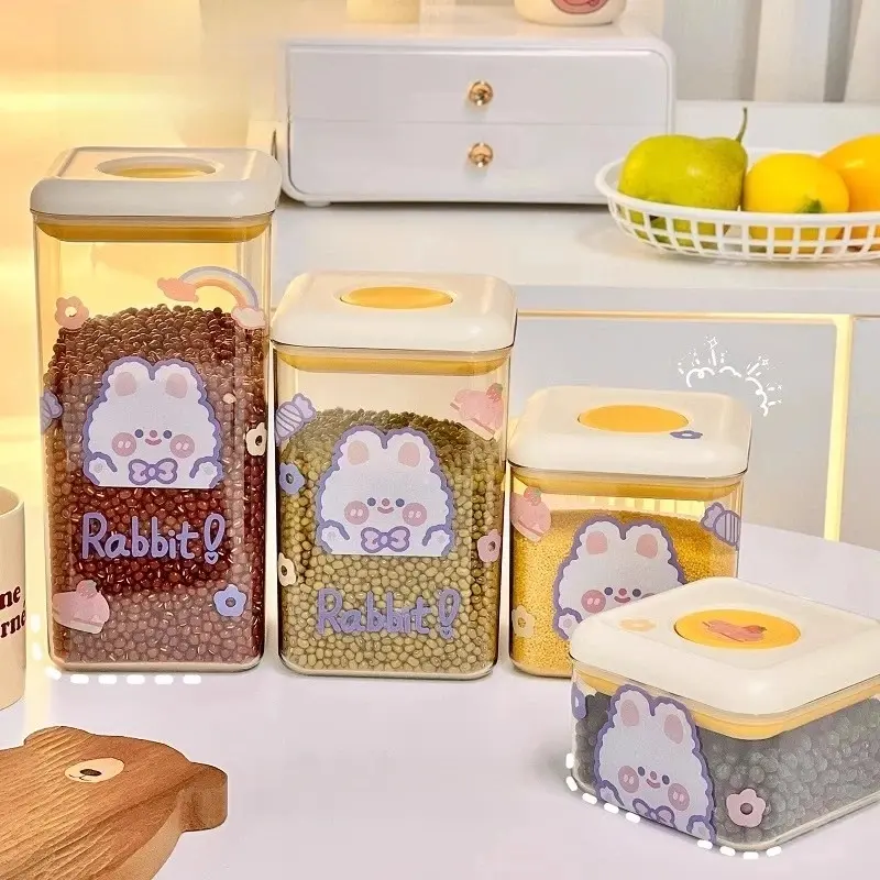 Kawaii Food Storage Containers With Lids Cute Plastic Kitchen Grain Storage Organizer Sealed Jars Fridge Organiser Storage Box