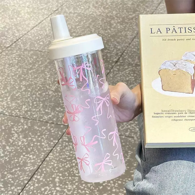 850ml Cute Bow Water Bottle Large Kawaii Tumbler Plastic Matcha Coffee Juice Boba Tea Cold Straw Cup Gym Sport Drinking Bottle