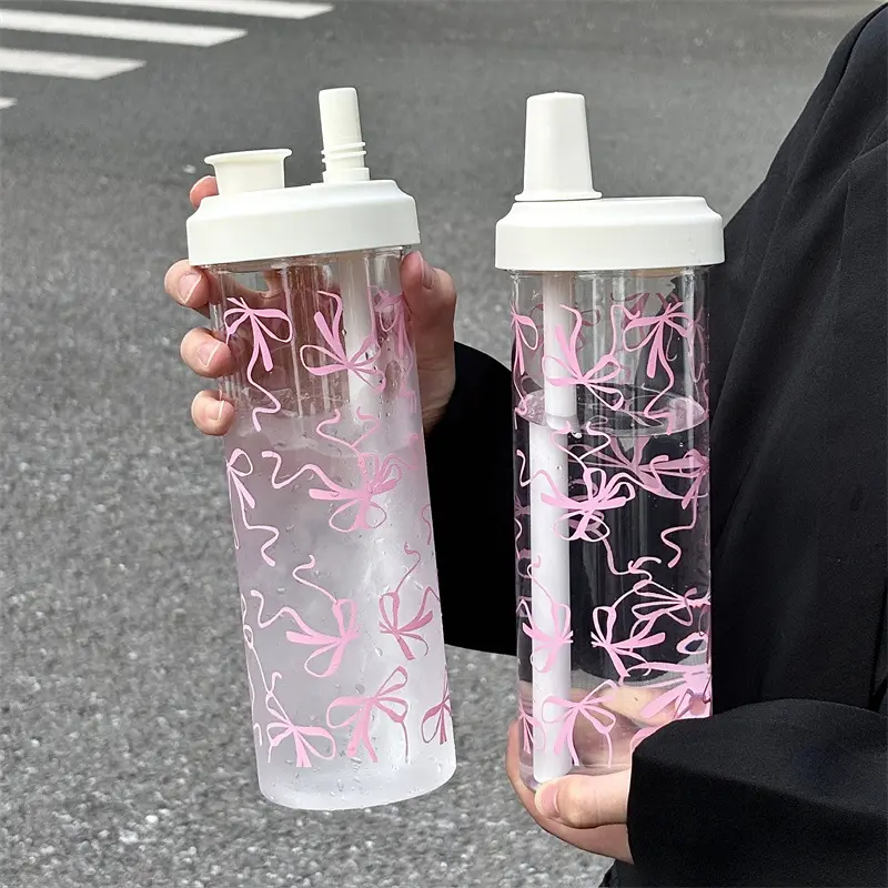 850ml Cute Bow Water Bottle Large Kawaii Tumbler Plastic Matcha Coffee Juice Boba Tea Cold Straw Cup Gym Sport Drinking Bottle