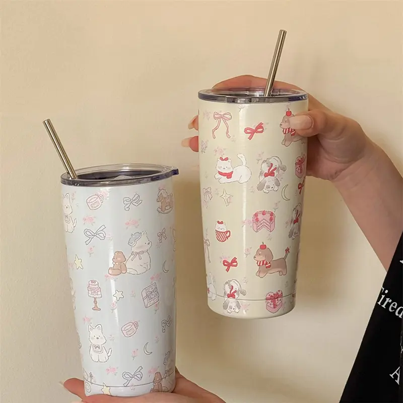Cute Sainless Steel Thermos Bottle Tumbler For Ice Coffee Tea Beer Juice 550ml Kawaii Thermal Cup With Straw Large Water Bottle