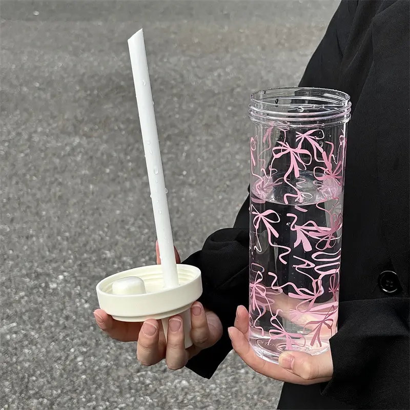 850ml Cute Bow Water Bottle Large Kawaii Tumbler Plastic Matcha Coffee Juice Boba Tea Cold Straw Cup Gym Sport Drinking Bottle