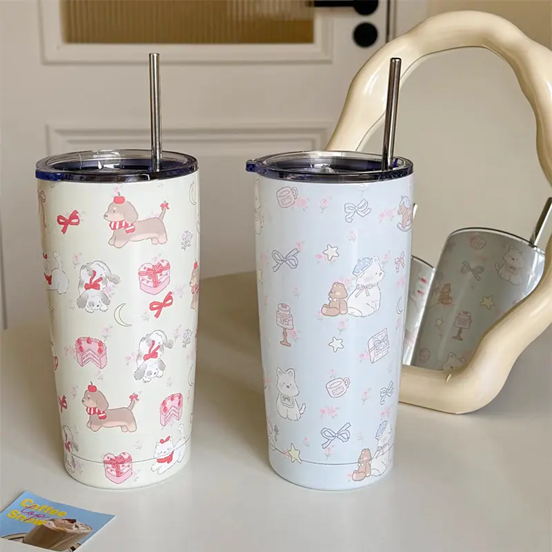 Cute Sainless Steel Thermos Bottle Tumbler For Ice Coffee Tea Beer Juice 550ml Kawaii Thermal Cup With Straw Large Water Bottle