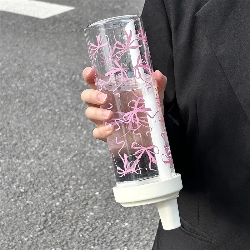 850ml Cute Bow Water Bottle Large Kawaii Tumbler Plastic Matcha Coffee Juice Boba Tea Cold Straw Cup Gym Sport Drinking Bottle
