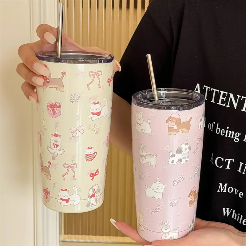 Cute Sainless Steel Thermos Bottle Tumbler For Ice Coffee Tea Beer Juice 550ml Kawaii Thermal Cup With Straw Large Water Bottle