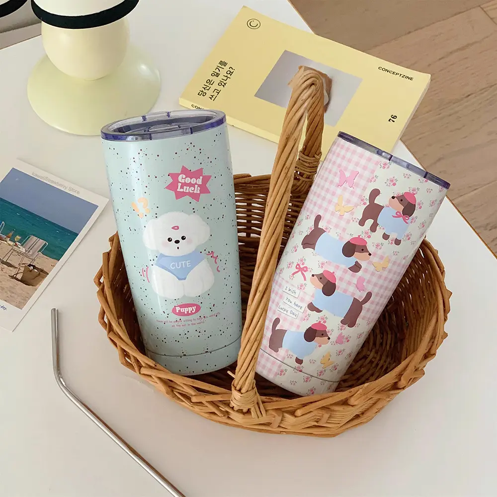 Kawaii Puppy Thermos Bottle Tumbler 550ml Cute Portable Tea Coffee Mug Stainless Steel Thermal Cup With Straw Girl Water Bottle