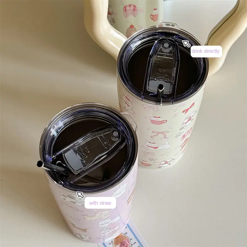 Cute Sainless Steel Thermos Bottle Tumbler For Ice Coffee Tea Beer Juice 550ml Kawaii Thermal Cup With Straw Large Water Bottle