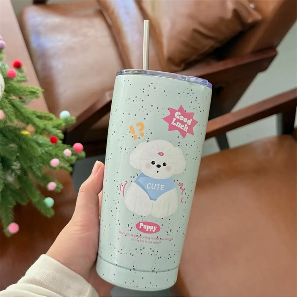 Kawaii Puppy Thermos Bottle Tumbler 550ml Cute Portable Tea Coffee Mug Stainless Steel Thermal Cup With Straw Girl Water Bottle