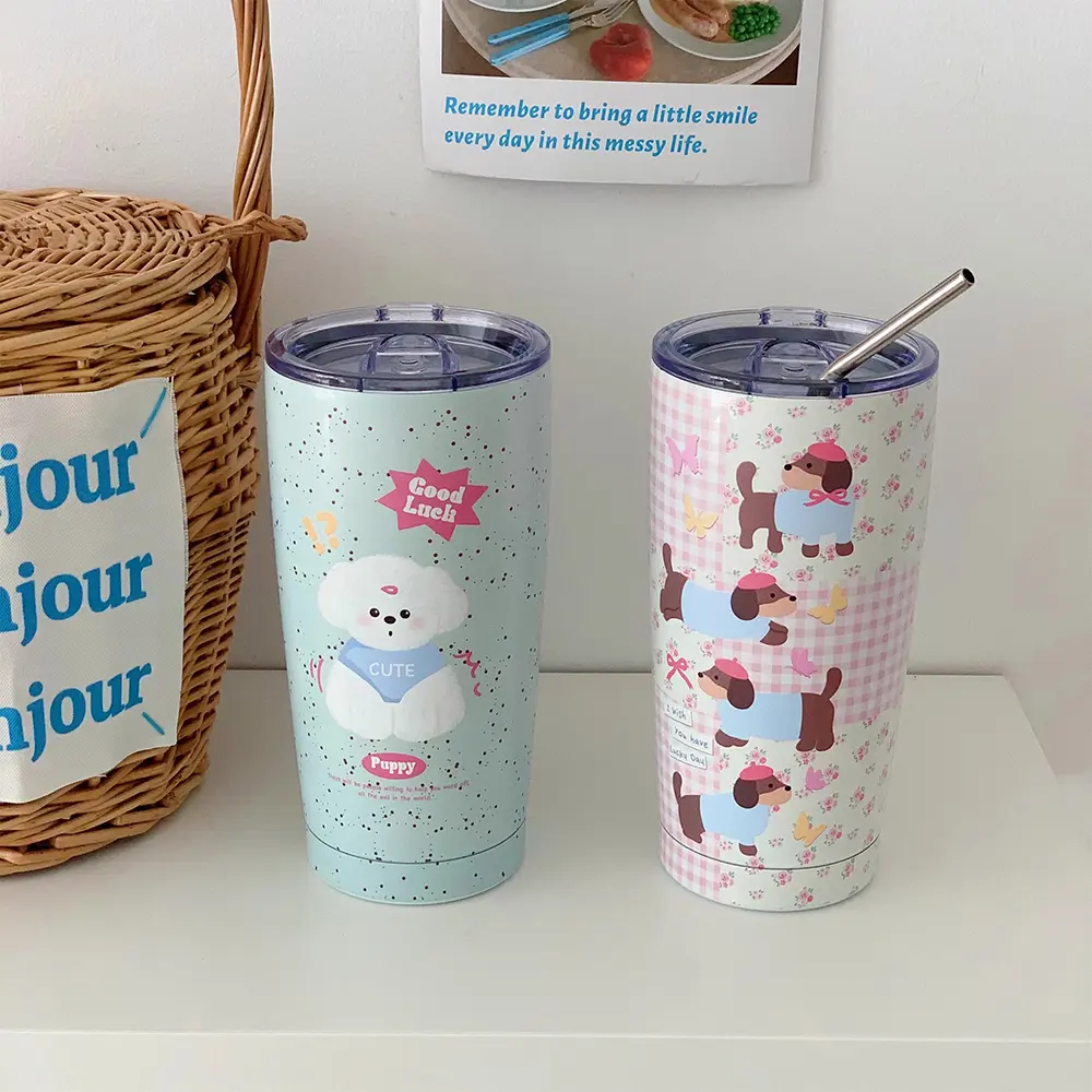 Kawaii Puppy Thermos Bottle Tumbler 550ml Cute Portable Tea Coffee Mug Stainless Steel Thermal Cup With Straw Girl Water Bottle