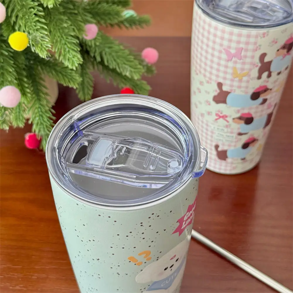 Kawaii Puppy Thermos Bottle Tumbler 550ml Cute Portable Tea Coffee Mug Stainless Steel Thermal Cup With Straw Girl Water Bottle