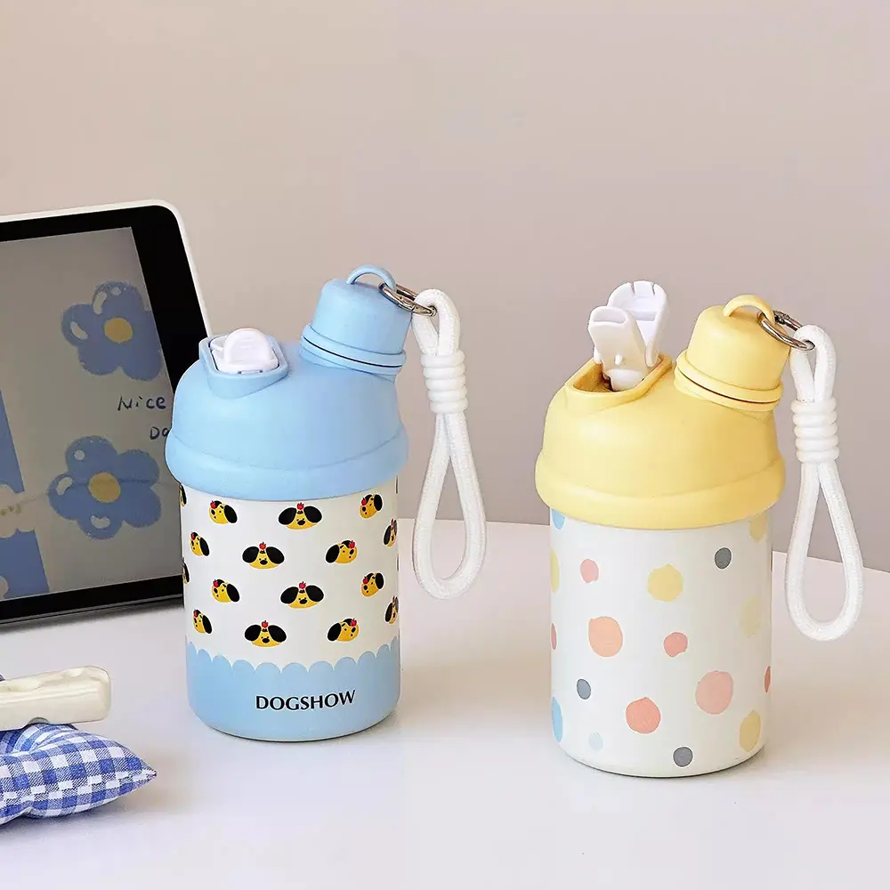 Kawaii Cat Bow Thermos Bottle With Straw For Coffee Tea 420ml Cute Boba Water Bottle Thermal Mug Insulated Cup For Girl Kids