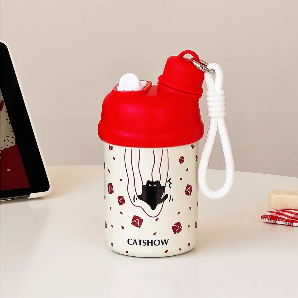 Kawaii Cat Bow Thermos Bottle With Straw For Coffee Tea 420ml Cute Boba Water Bottle Thermal Mug Insulated Cup For Girl Kids