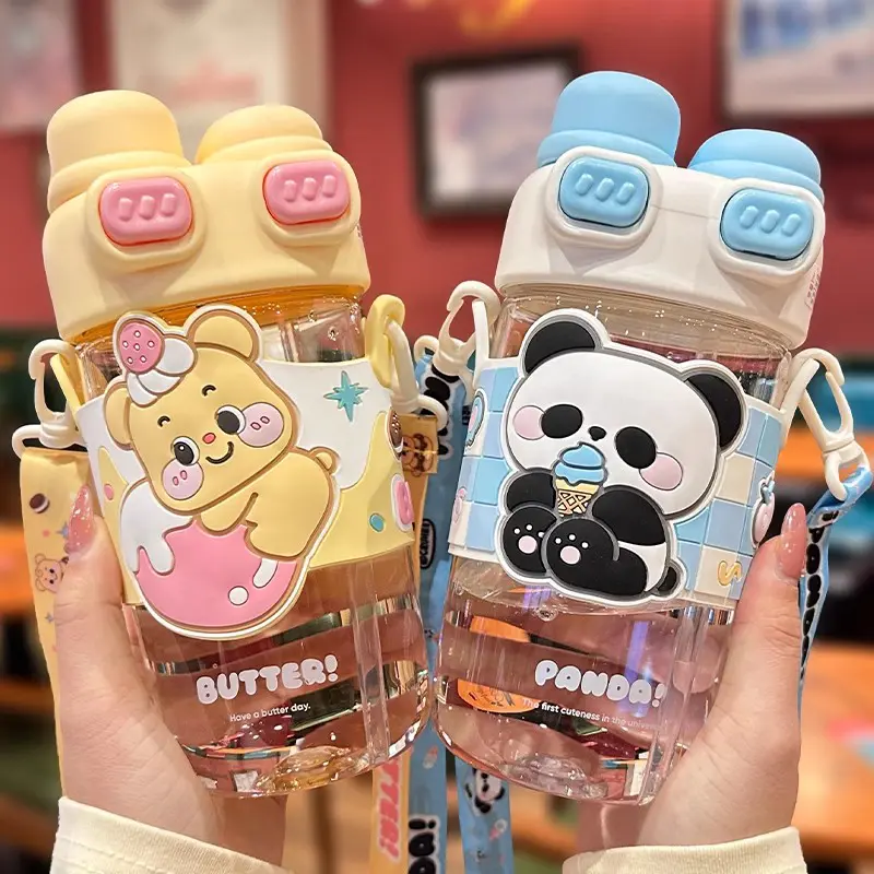Kawaii Cat Bear Water Bottle With Straw For Children Girls School Cute Tumbler Aesthetic Tritan Drinking Bottle Gift BPA Free