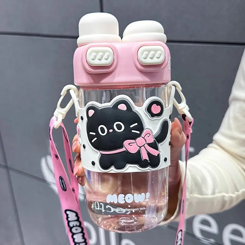 Kawaii Cat Bear Water Bottle With Straw For Children Girls School Cute Tumbler Aesthetic Tritan Drinking Bottle Gift BPA Free