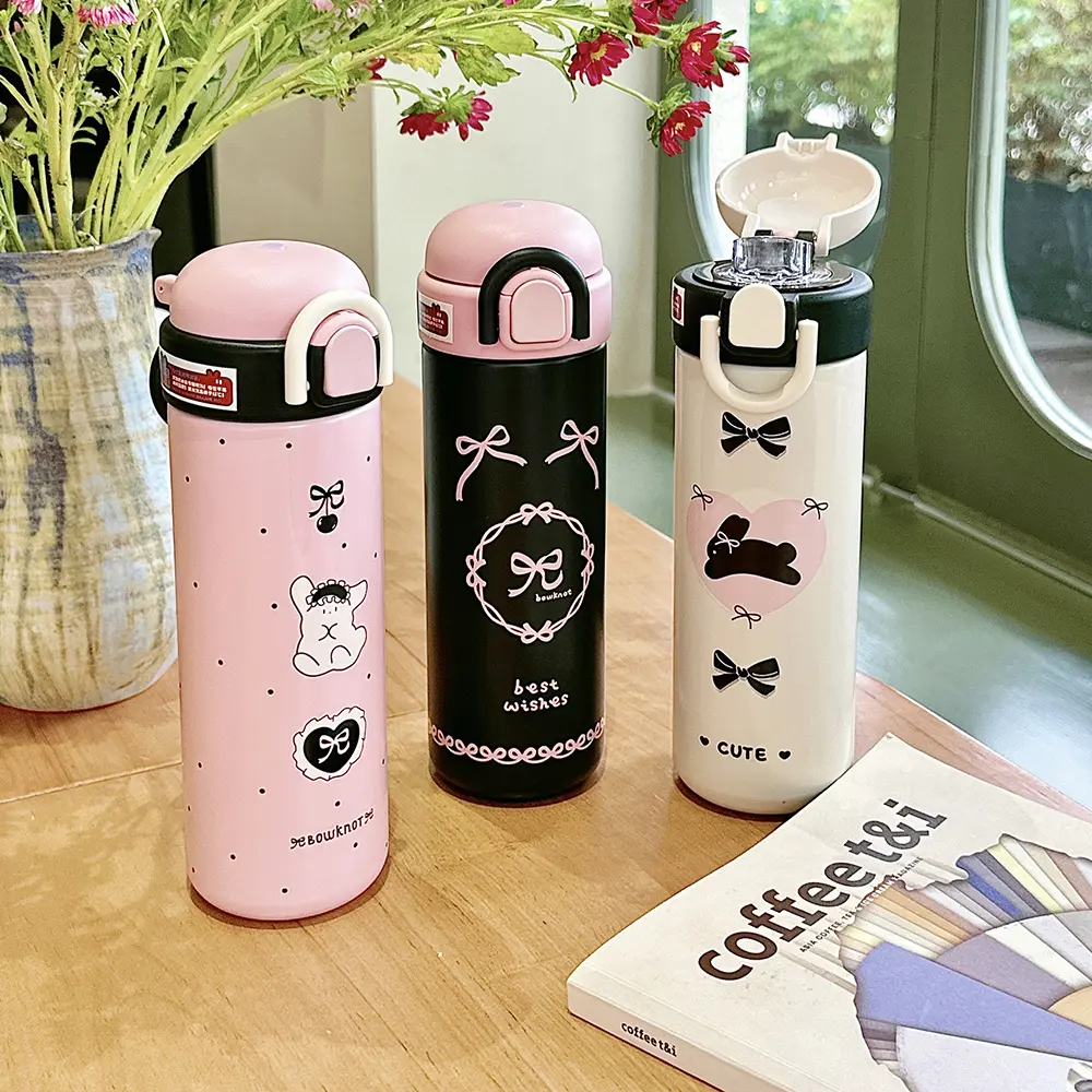 Cute Coffee Thermos Cup Kawaii Stainless Steel Water Bottle Insulated Tumbler With Handle Straw For Tea Juice Thermal Cups 500ml