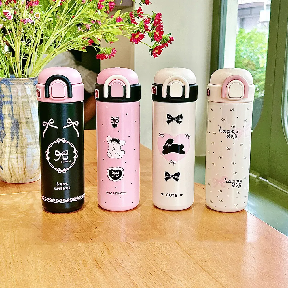 Cute Coffee Thermos Cup Kawaii Stainless Steel Water Bottle Insulated Tumbler With Handle Straw For Tea Juice Thermal Cups 500ml