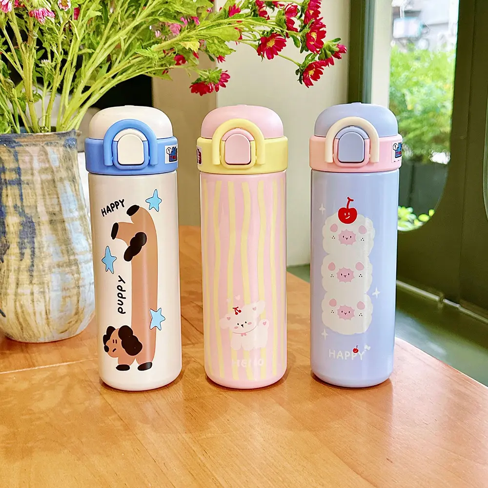 Cute Coffee Thermos Cup Kawaii Stainless Steel Water Bottle Insulated Tumbler With Handle Straw For Tea Juice Thermal Cups 500ml