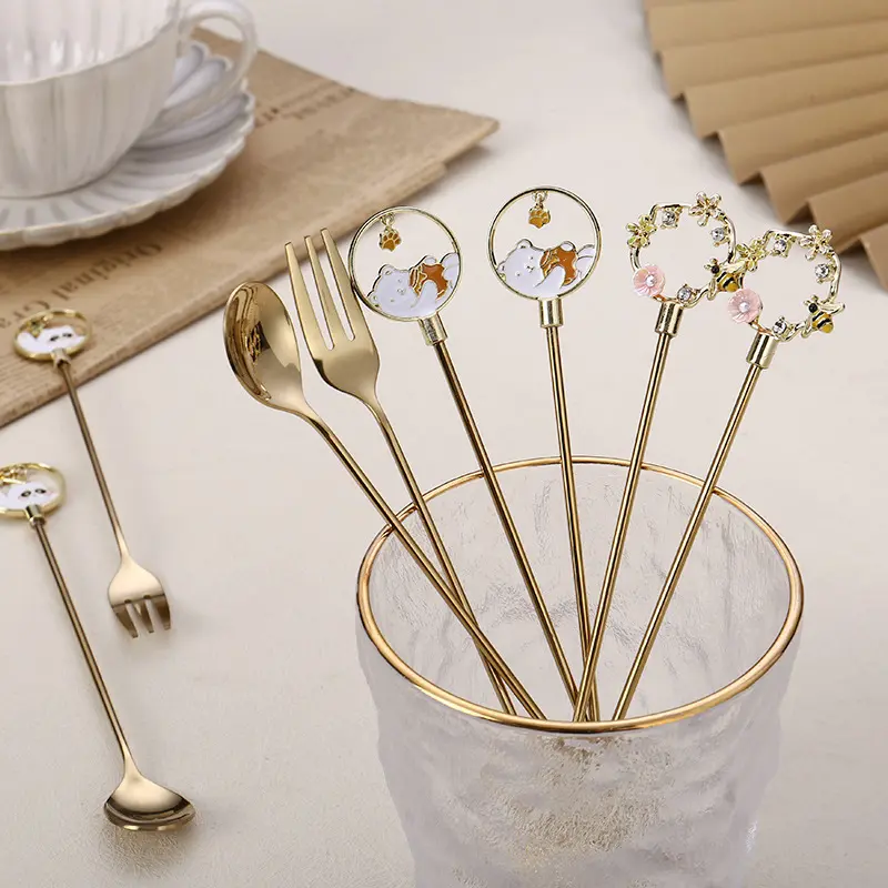 Cute Flower Dessert Honey Spoon Fork Stainless Steel Korean Small Coffee Ice Cream Cake Tea Spoon Kitchen Tableware Accessories