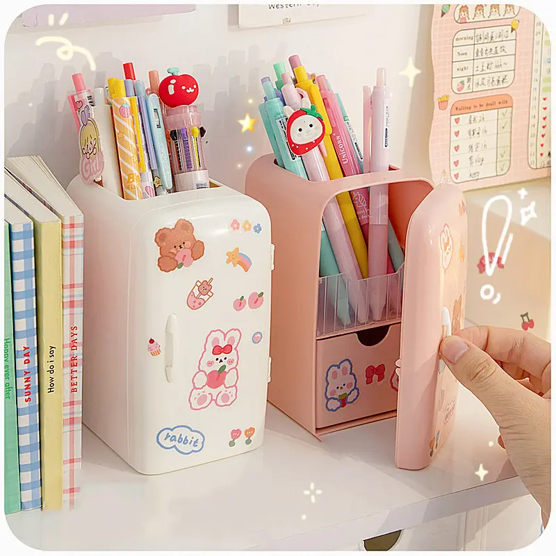 Cute Mini Fridge Pen Holder With Sticker Kawaii Plastic Creative Desk Organizer For Pens Makeup Brush Home Office Storage Box