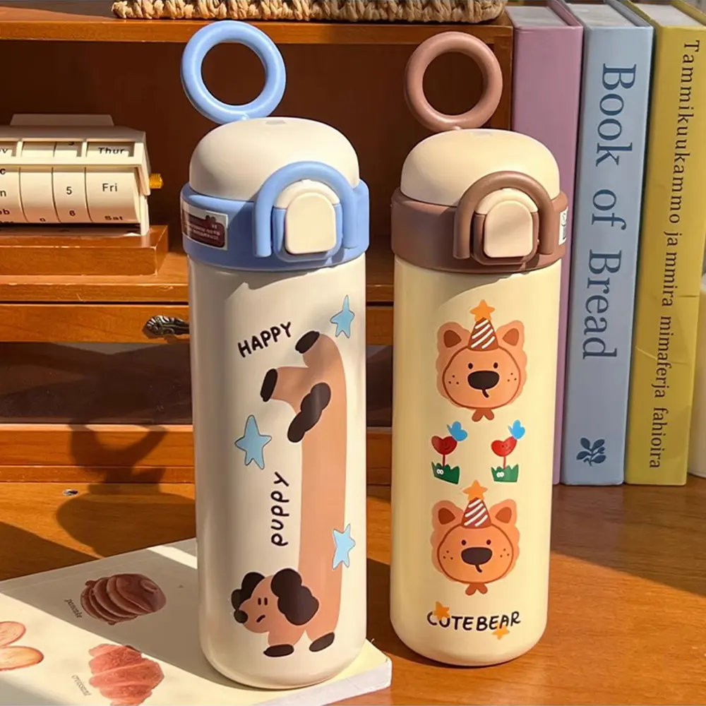 Cute Coffee Thermos Cup Kawaii Stainless Steel Water Bottle Insulated Tumbler With Handle Straw For Tea Juice Thermal Cups 500ml