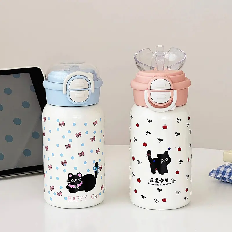 Kawaii Cat Bow-tie Thermos Water Bottle With Straw Cute Stainless Steel Thermal Cups 500ml Coffee Tea Tumbler Gift For Kids Girl