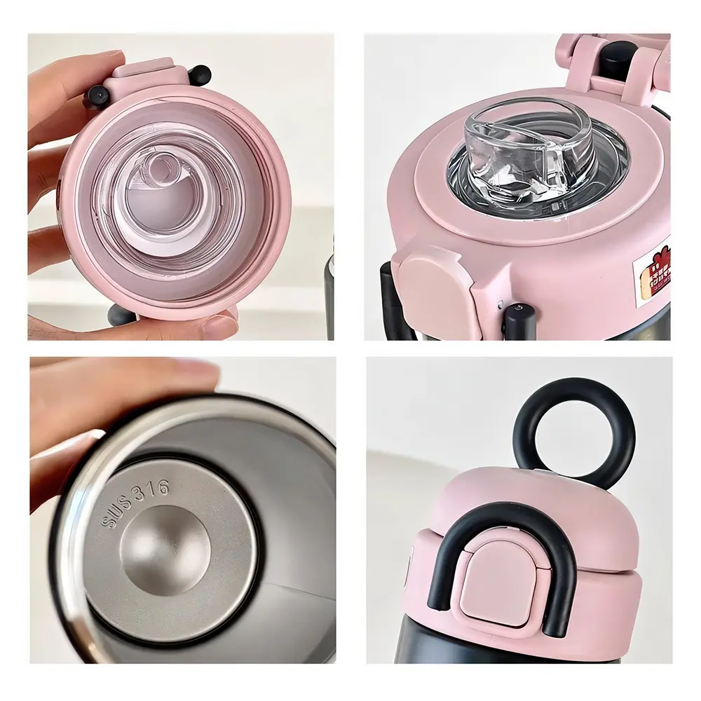 Cute Coffee Thermos Cup Kawaii Stainless Steel Water Bottle Insulated Tumbler With Handle Straw For Tea Juice Thermal Cups 500ml