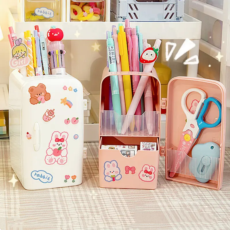 Cute Mini Fridge Pen Holder With Sticker Kawaii Plastic Creative Desk Organizer For Pens Makeup Brush Home Office Storage Box
