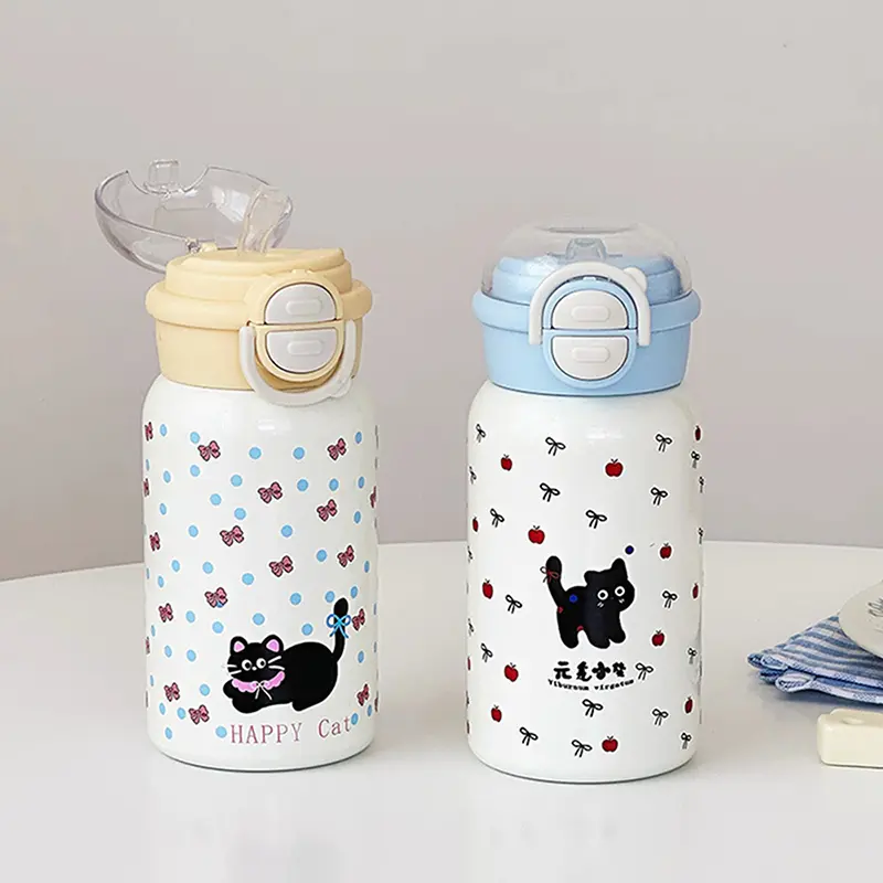 Kawaii Cat Bow-tie Thermos Water Bottle With Straw Cute Stainless Steel Thermal Cups 500ml Coffee Tea Tumbler Gift For Kids Girl