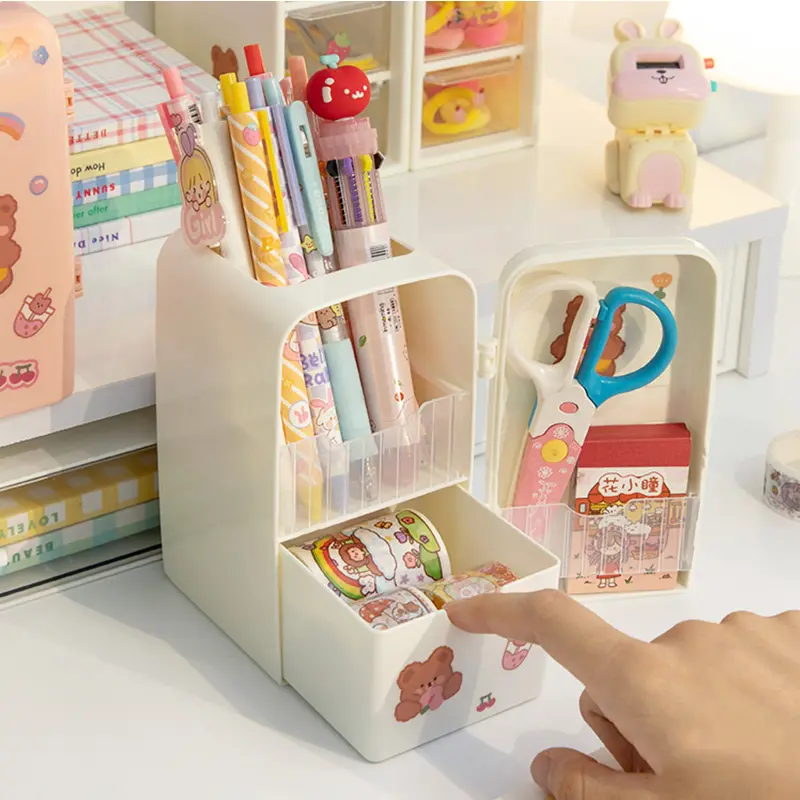 Cute Mini Fridge Pen Holder With Sticker Kawaii Plastic Creative Desk Organizer For Pens Makeup Brush Home Office Storage Box