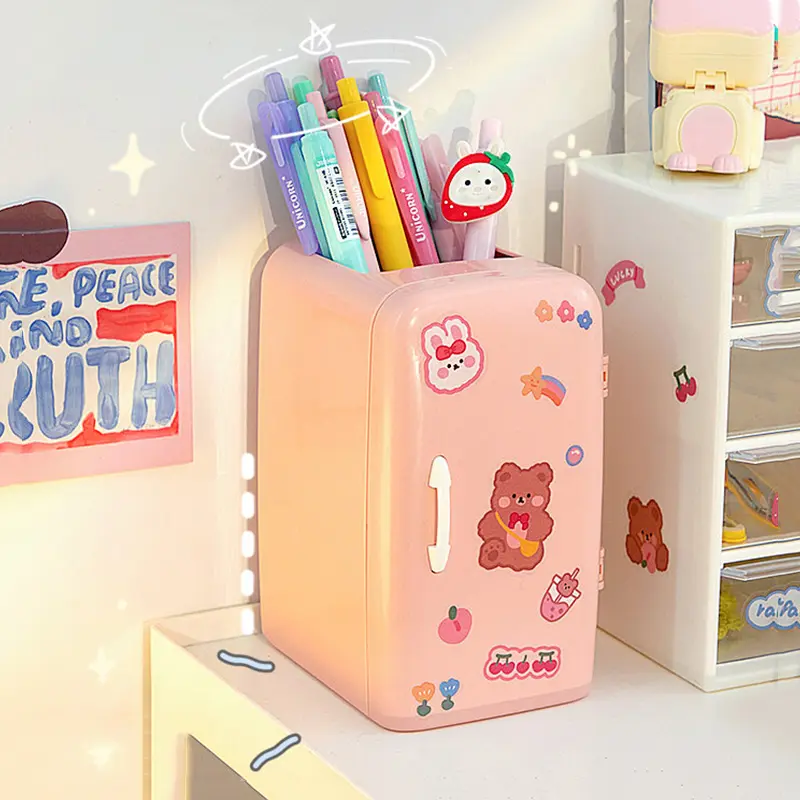 Cute Mini Fridge Pen Holder With Sticker Kawaii Plastic Creative Desk Organizer For Pens Makeup Brush Home Office Storage Box