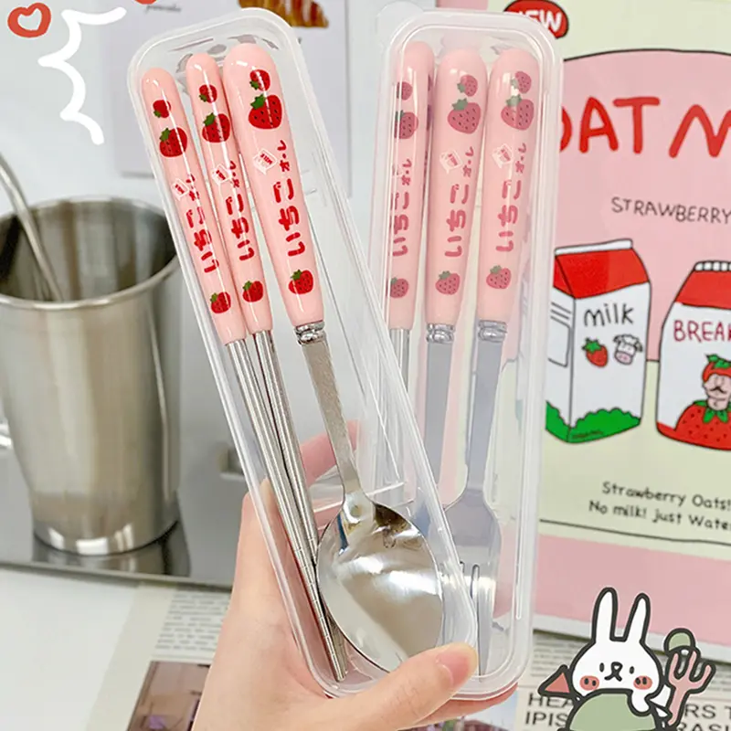 Cute Strawberry Korean Chopsticks Spoon Fork Cutlery Set With Case Portable Travel Stainless Steel Tableware Kitchen Utensils