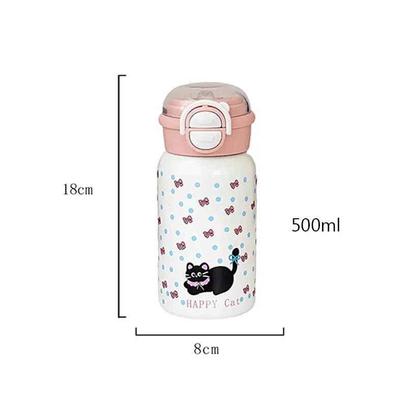 Kawaii Cat Bow-tie Thermos Water Bottle With Straw Cute Stainless Steel Thermal Cups 500ml Coffee Tea Tumbler Gift For Kids Girl