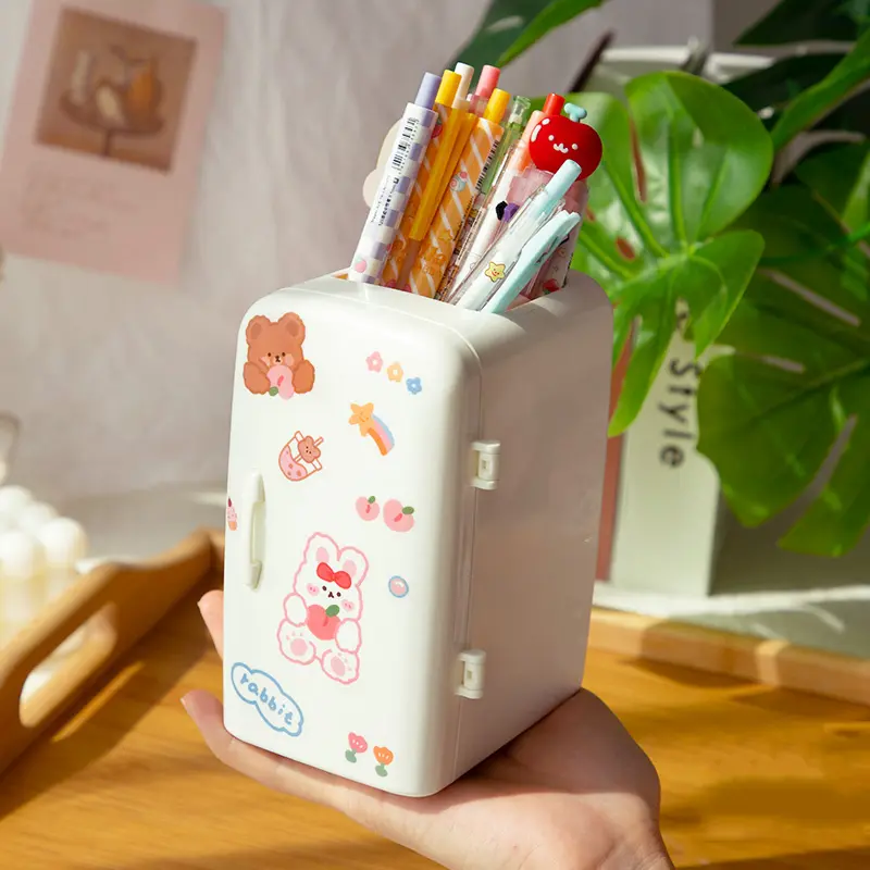Cute Mini Fridge Pen Holder With Sticker Kawaii Plastic Creative Desk Organizer For Pens Makeup Brush Home Office Storage Box