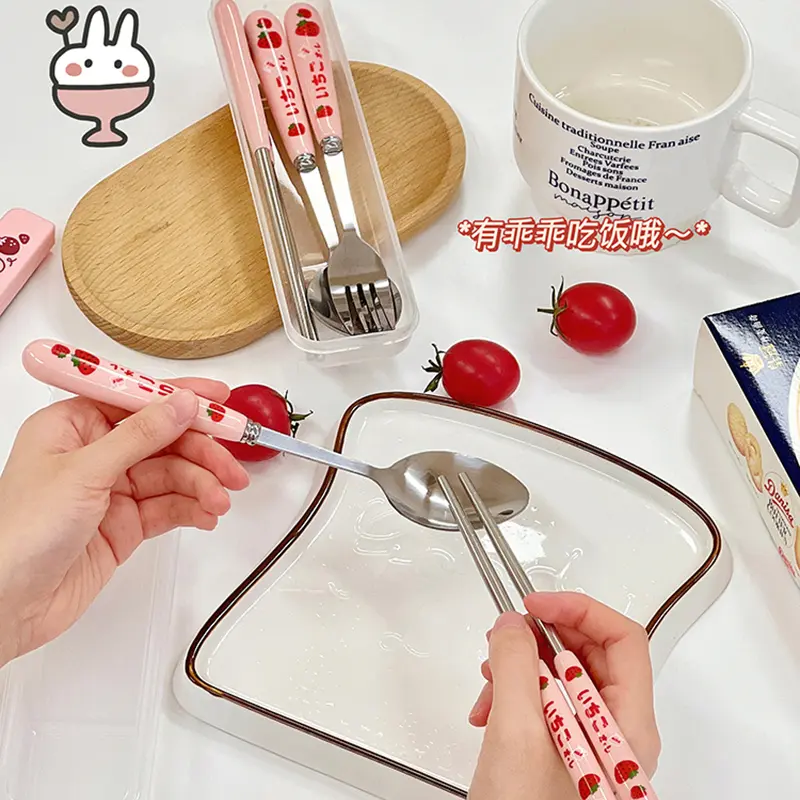 Cute Strawberry Korean Chopsticks Spoon Fork Cutlery Set With Case Portable Travel Stainless Steel Tableware Kitchen Utensils