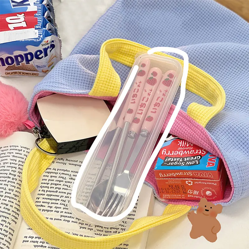 Cute Strawberry Korean Chopsticks Spoon Fork Cutlery Set With Case Portable Travel Stainless Steel Tableware Kitchen Utensils