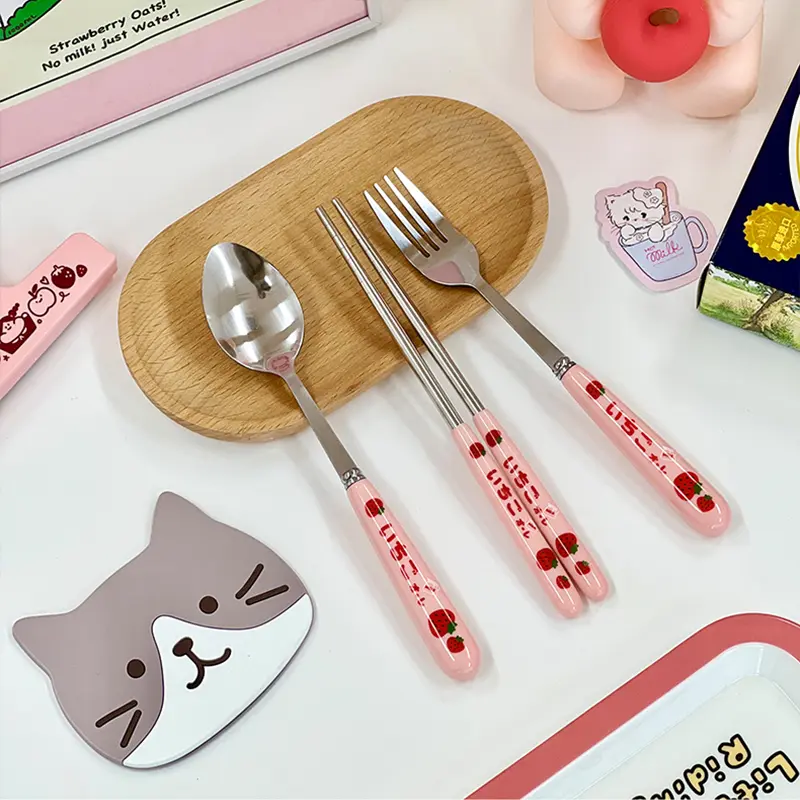 Cute Strawberry Korean Chopsticks Spoon Fork Cutlery Set With Case Portable Travel Stainless Steel Tableware Kitchen Utensils