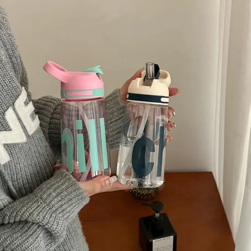 Cute Korean Water Bottle With Straw Handle BPA Free 450/550ml Plastic Coffee Milk Tea Juice Portable Drinking Bottle For Girl