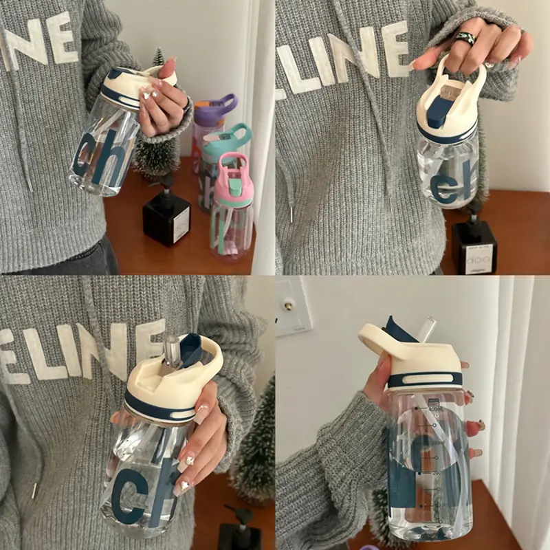 Cute Korean Water Bottle With Straw Handle BPA Free 450/550ml Plastic Coffee Milk Tea Juice Portable Drinking Bottle For Girl