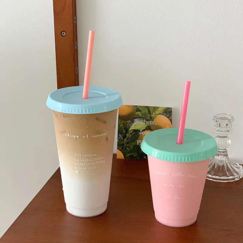 Kawaii Korean Water Bottle for Ice Coffee Juice Milk, Cute Plastic Reusable Bubble Tea Cups with Lid, Portable Straw, BPA Free