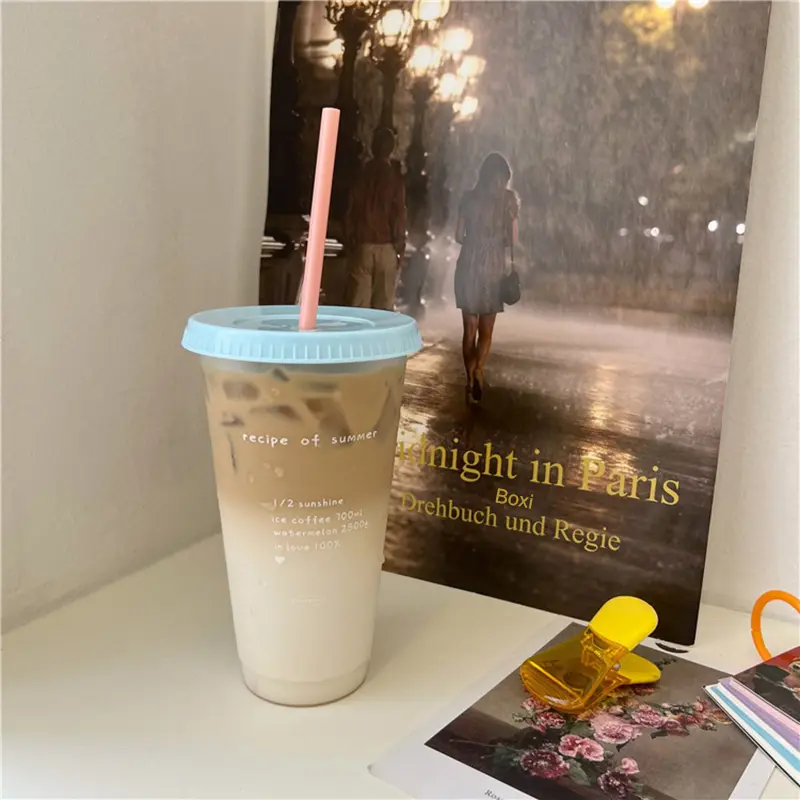 Kawaii Korean Water Bottle for Ice Coffee Juice Milk, Cute Plastic Reusable Bubble Tea Cups with Lid, Portable Straw, BPA Free