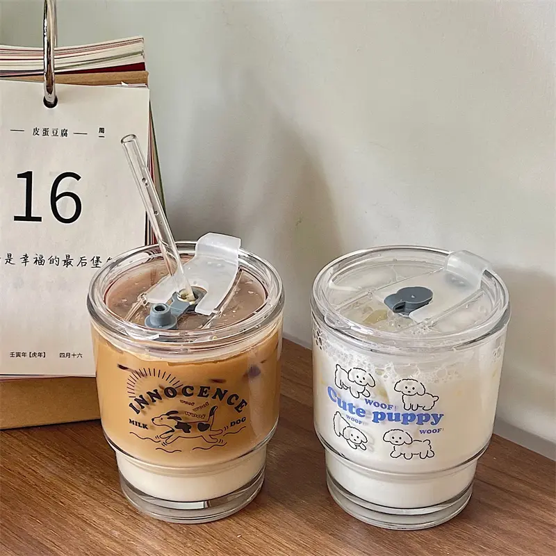 350ml Cute Dog Glass Water Bottle With Lid And Straw Kawaii Portable Milk Carton Drink Bottle Coffee Bubble Tea Cup Girl Gift