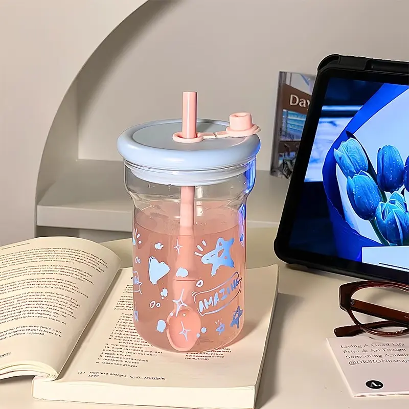 Cute Star Glass Water Bottle 560ml Kawaii Glass Cup With Lid Straw Aesthetic Coffee Juice Tea Tumbler BPA Free Girl Women Gift