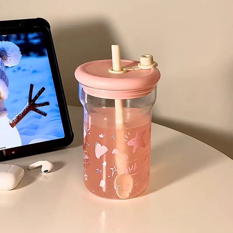 Cute Star Glass Water Bottle 560ml Kawaii Glass Cup With Lid Straw Aesthetic Coffee Juice Tea Tumbler BPA Free Girl Women Gift