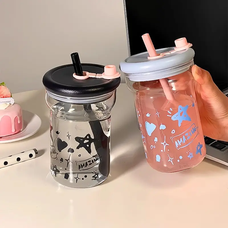 Cute Star Glass Water Bottle 560ml Kawaii Glass Cup With Lid Straw Aesthetic Coffee Juice Tea Tumbler BPA Free Girl Women Gift