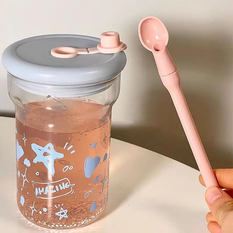 Cute Star Glass Water Bottle 560ml Kawaii Glass Cup With Lid Straw Aesthetic Coffee Juice Tea Tumbler BPA Free Girl Women Gift