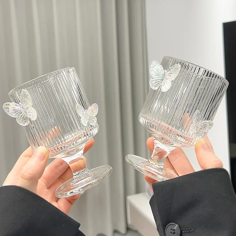 Cute Butterfly Glass Cup Aesthetic For Ice Hot Coffee Juice Wine Elegant Drinking Glasses Clear Ice Cream Dessert Cup Drinkware