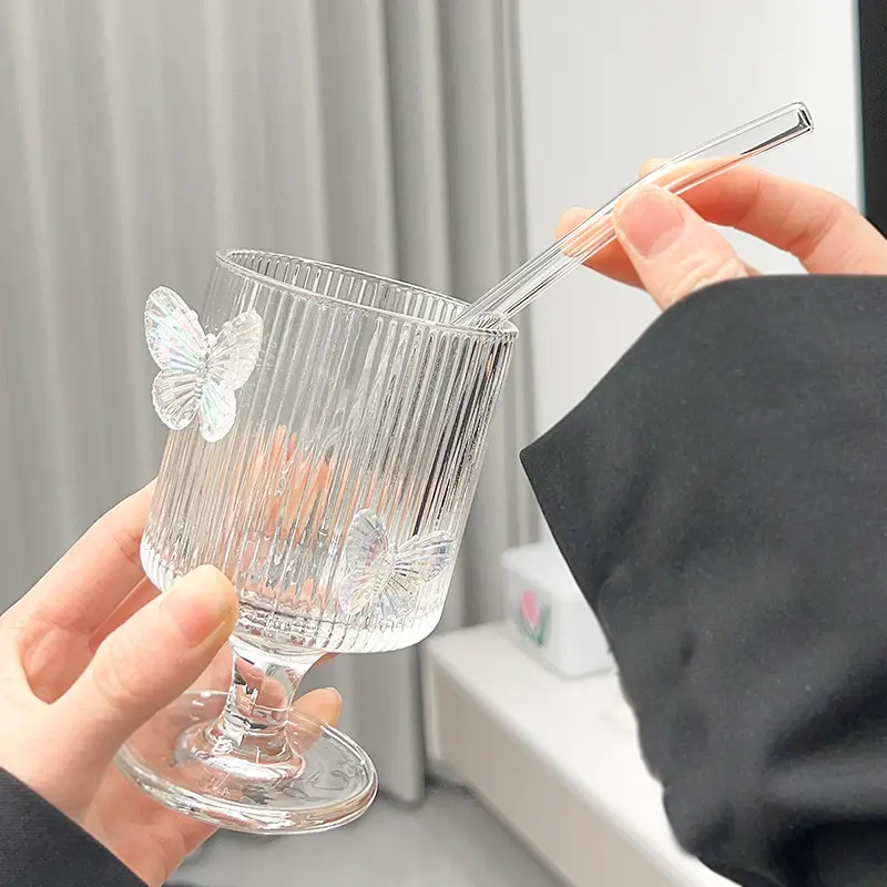 Cute Butterfly Glass Cup Aesthetic For Ice Hot Coffee Juice Wine Elegant Drinking Glasses Clear Ice Cream Dessert Cup Drinkware