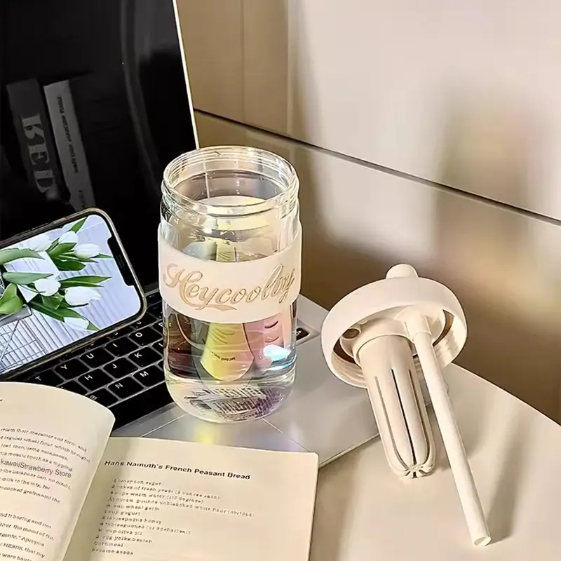 600ml Cute Glass Cup With Lid And Straw Cover Cap Infuser Glass Water Bottle Aesthetic For Coffee Tea Juice Drinking Bottle