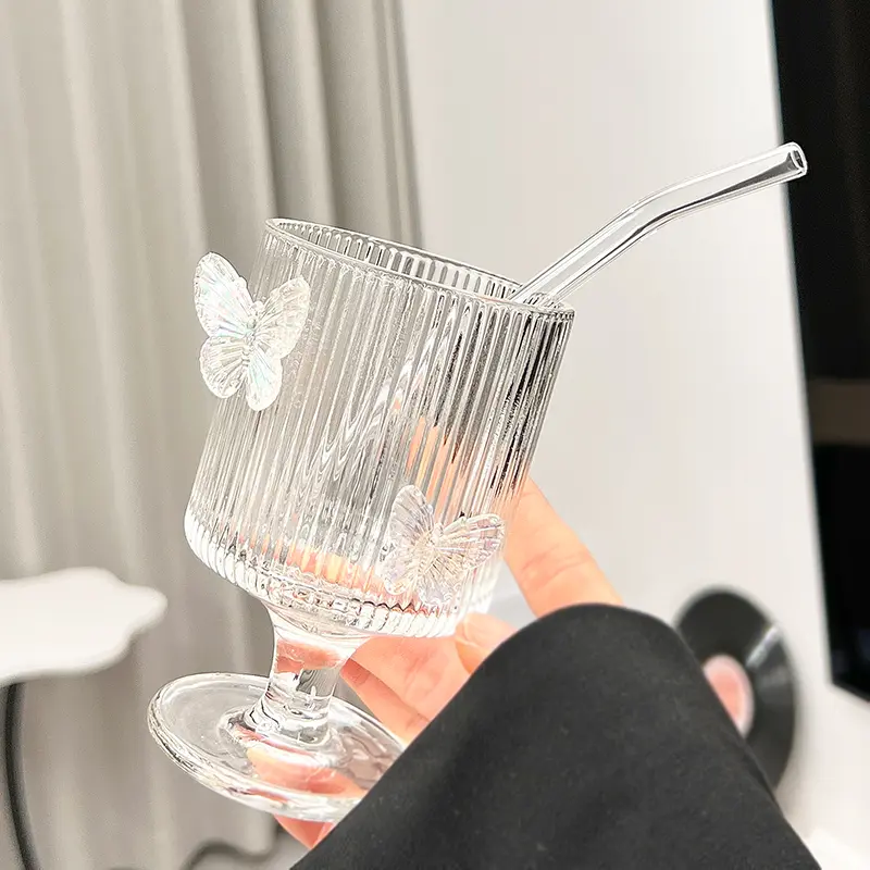 Cute Butterfly Glass Cup Aesthetic For Ice Hot Coffee Juice Wine Elegant Drinking Glasses Clear Ice Cream Dessert Cup Drinkware